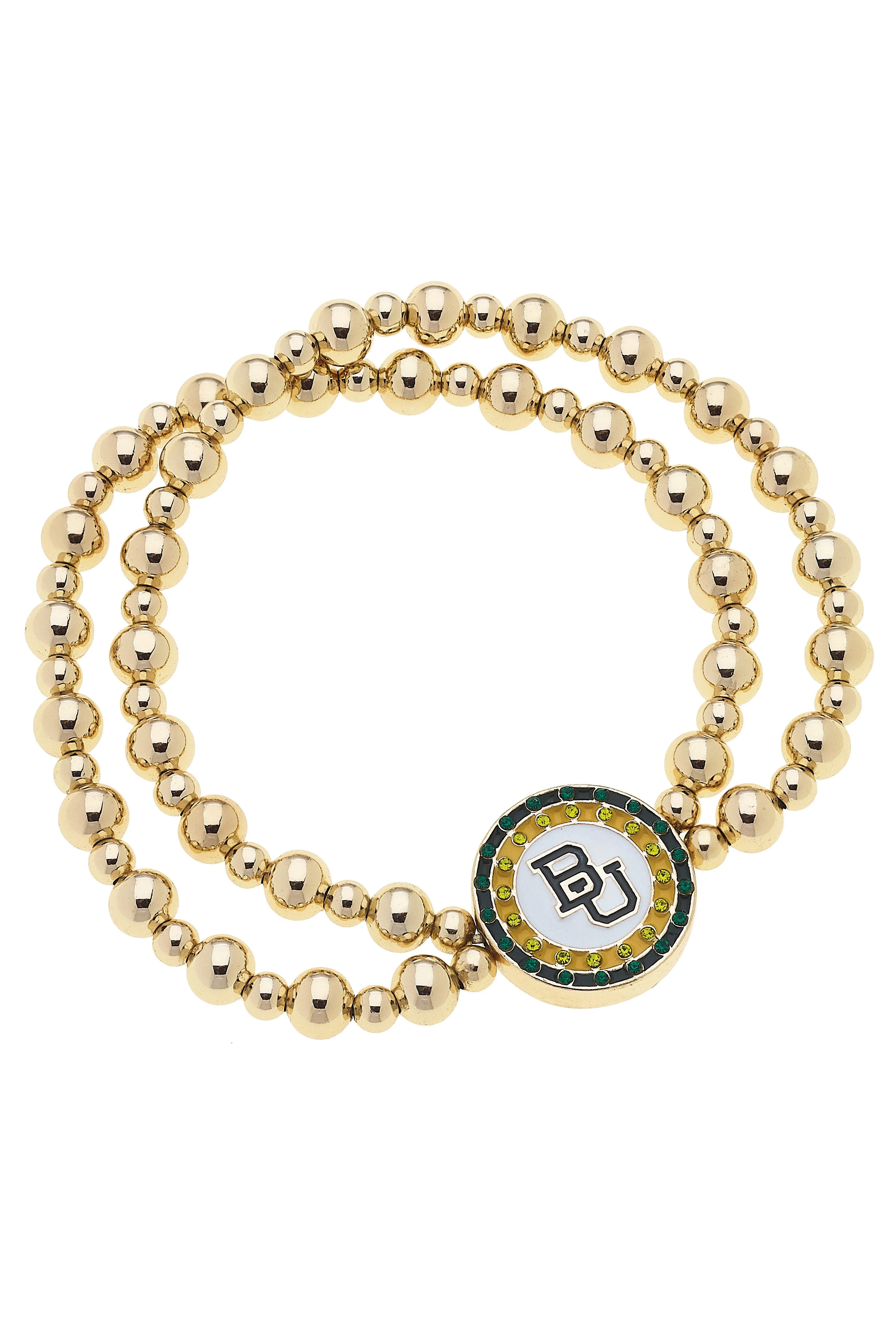 Baylor Bears Pave Disc 2-Row Ball Bead Stretch Bracelet in Shiny Gold sold by Canvas Style