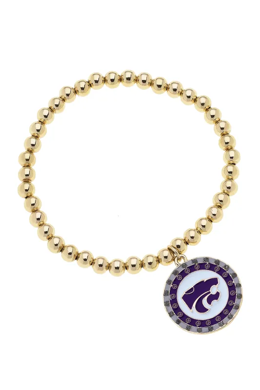 Kansas State Wildcats Pave Disc Ball Bead Stretch Bracelet in Shiny Gold sold by Canvas Style
