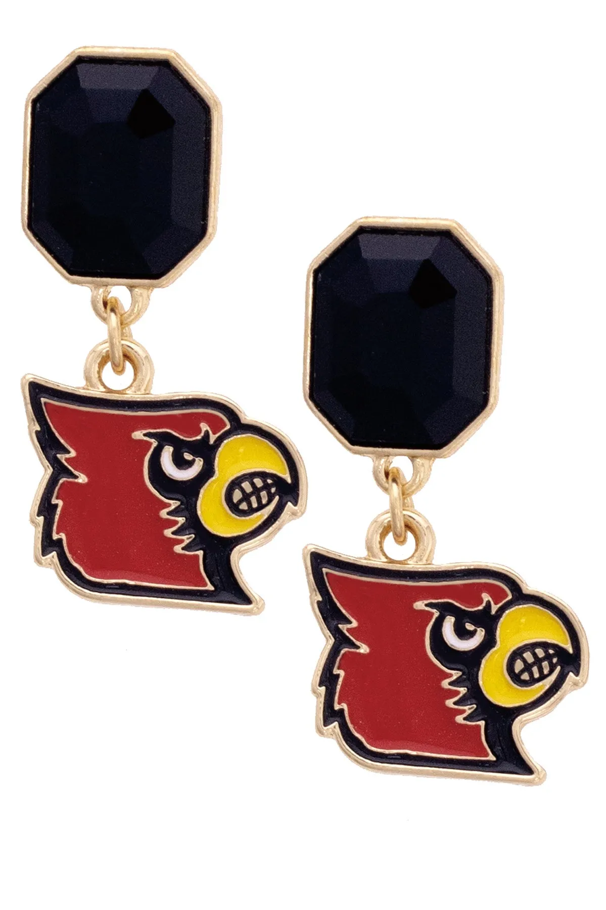 Louisville Cardinals Rhinestone Enamel Logo Earrings in Shiny Gold sold by Canvas Style