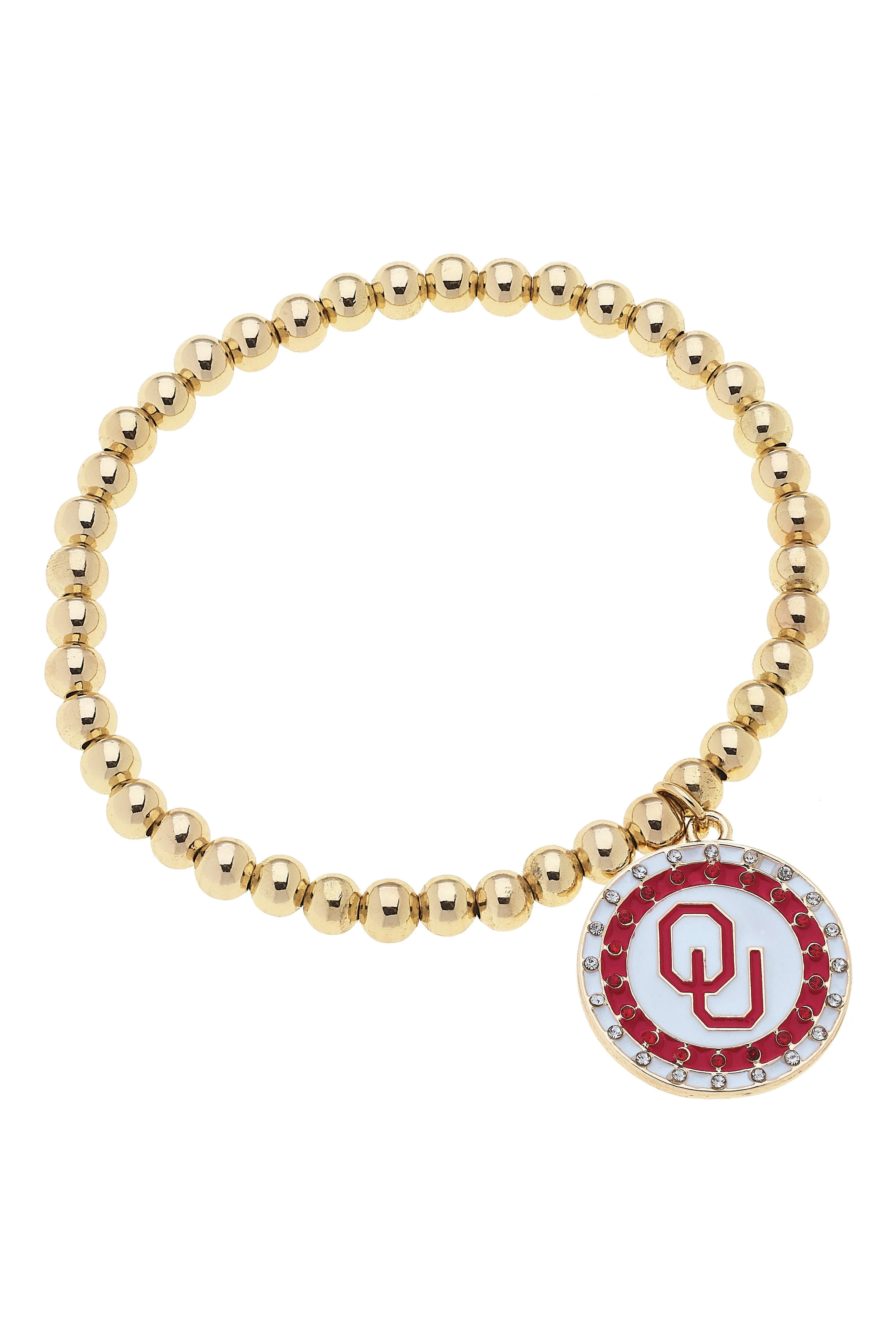 Oklahoma Sooners Pave Disc Ball Bead Stretch Bracelet in Shiny Gold sold by Canvas Style