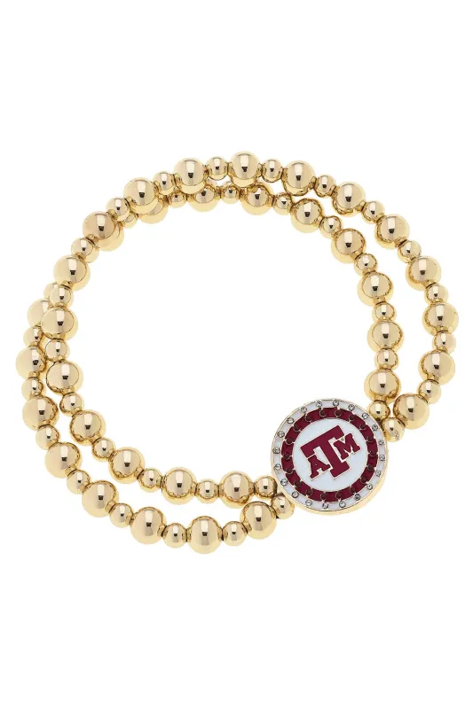 Texas A&M Aggies Pave Disc 2-Row Ball Bead Stretch Bracelet in Shiny Gold sold by Canvas Style