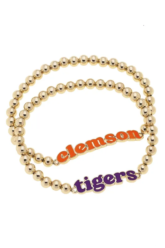 Clemson Tigers Slogan Ball Bead Bracelet Set of 2 in Orange/Purple/Shiny Gold sold by Canvas Style