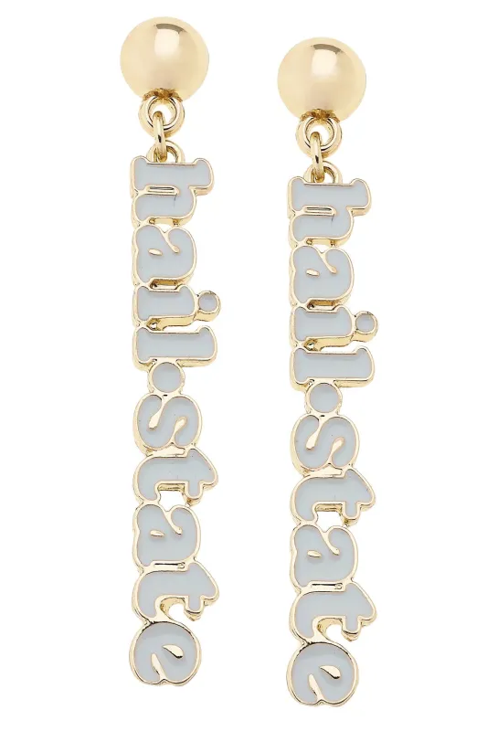 Mississippi State Bulldogs Slogan Earrings in White/Shiny Gold sold by Canvas Style