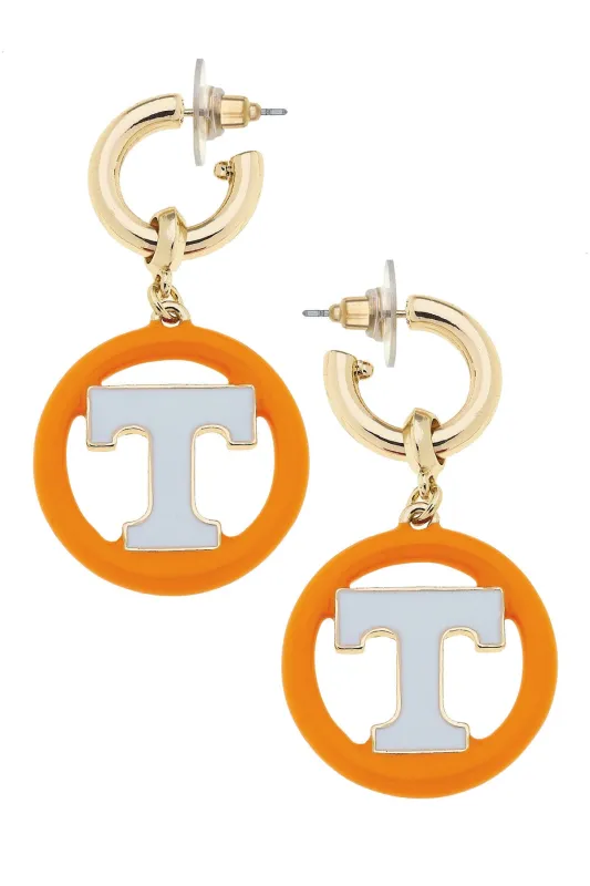 Tennessee Vols Logo Medallion Drop Hoop Earrings in Shiny Gold sold by Canvas Style
