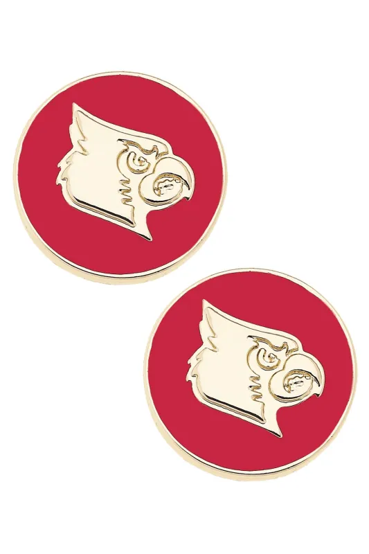 Louisville Cardinals Logo Circle Stud Earrings in Red/Shiny Gold sold by Canvas Style