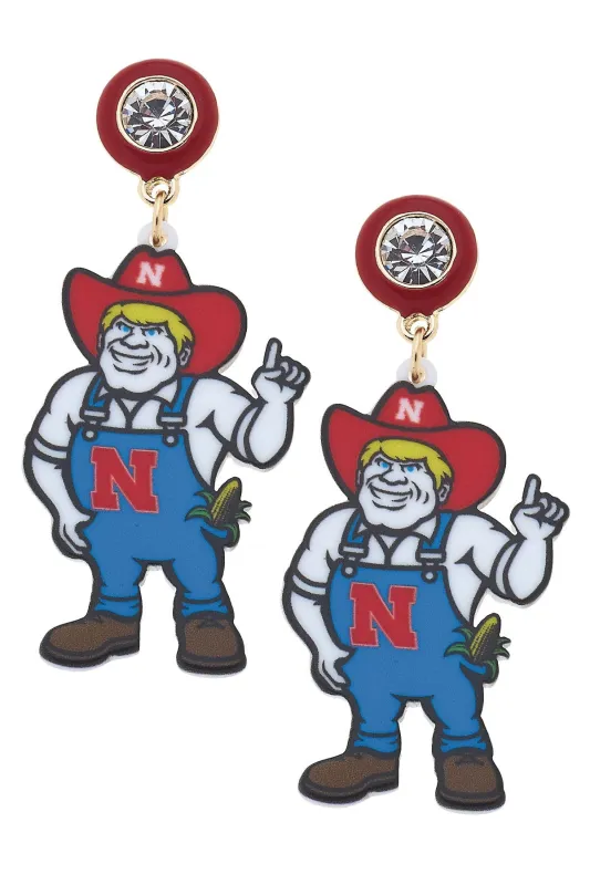 Nebraska Herbie Husker Resin Mascot Earrings in Red/Blue/White sold by Canvas Style