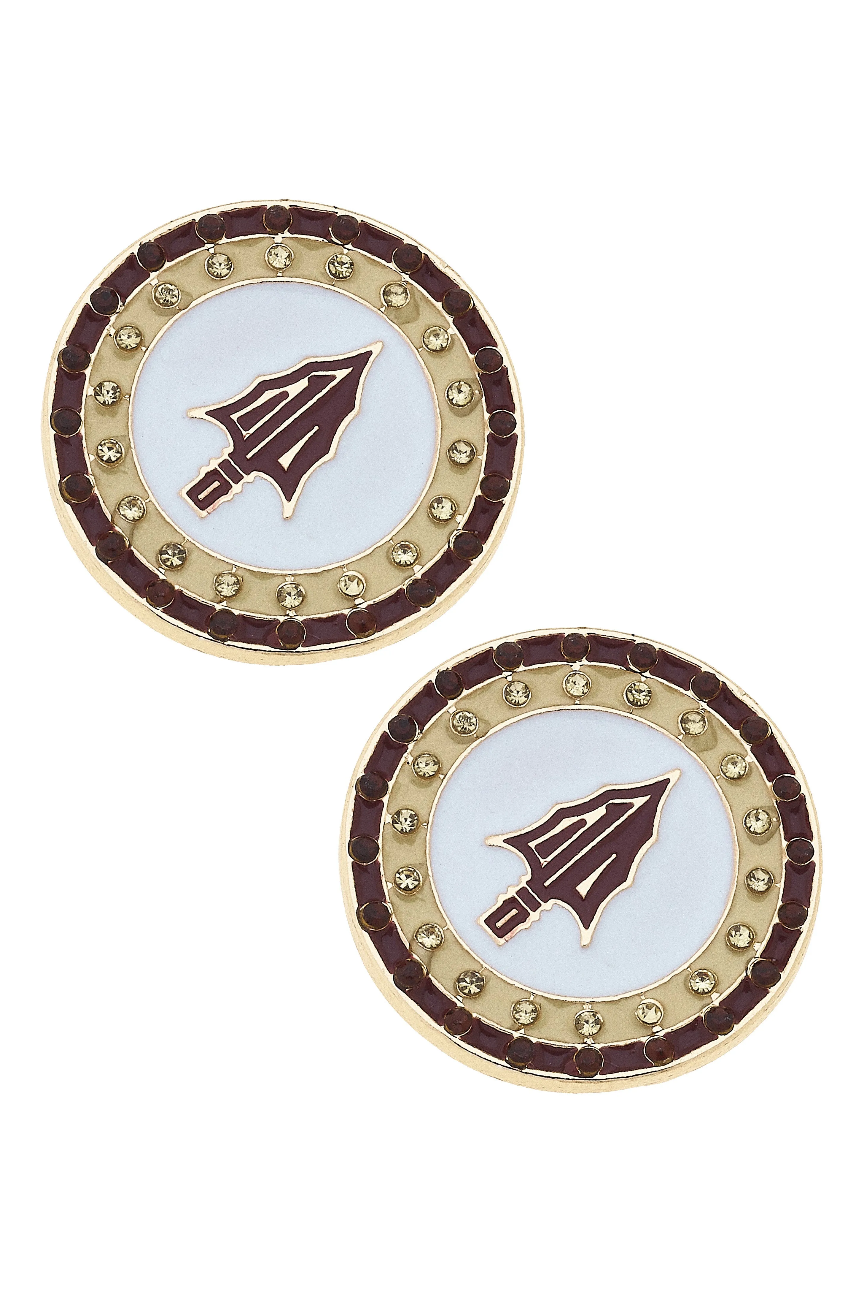 Florida State Seminoles Pave Disc Stud Earrings in Garnet/Black/White sold by Canvas Style