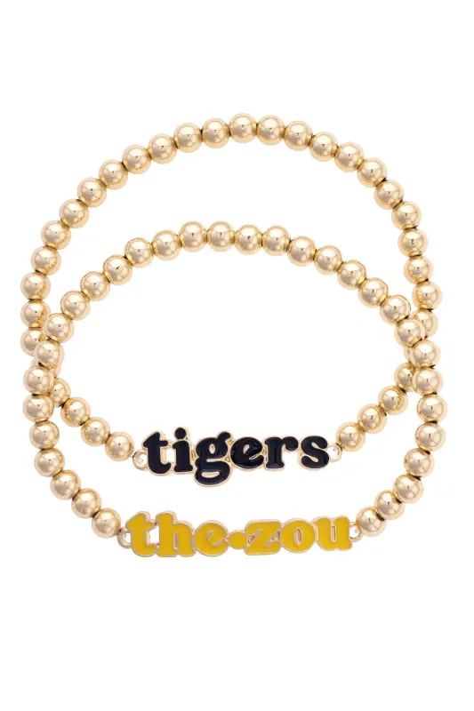 Missouri Tigers Slogan Ball Bead Bracelet Set of 2 in Black/Shiny Gold sold by Canvas Style