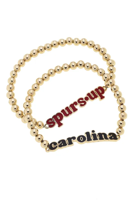 South Carolina Gamecocks Slogan Ball Bead Bracelet Set of 2 in Garnet/Black/Shiny Gold sold by Canvas Style