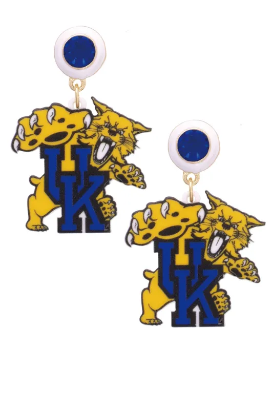 Kentucky Wildcat Resin Mascot Earrings in Blue/White/Gold sold by Canvas Style