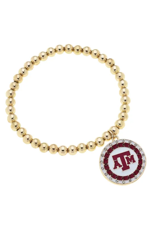 Texas A&M Aggies Pave Disc Ball Bead Stretch Bracelet in Shiny Gold sold by Canvas Style