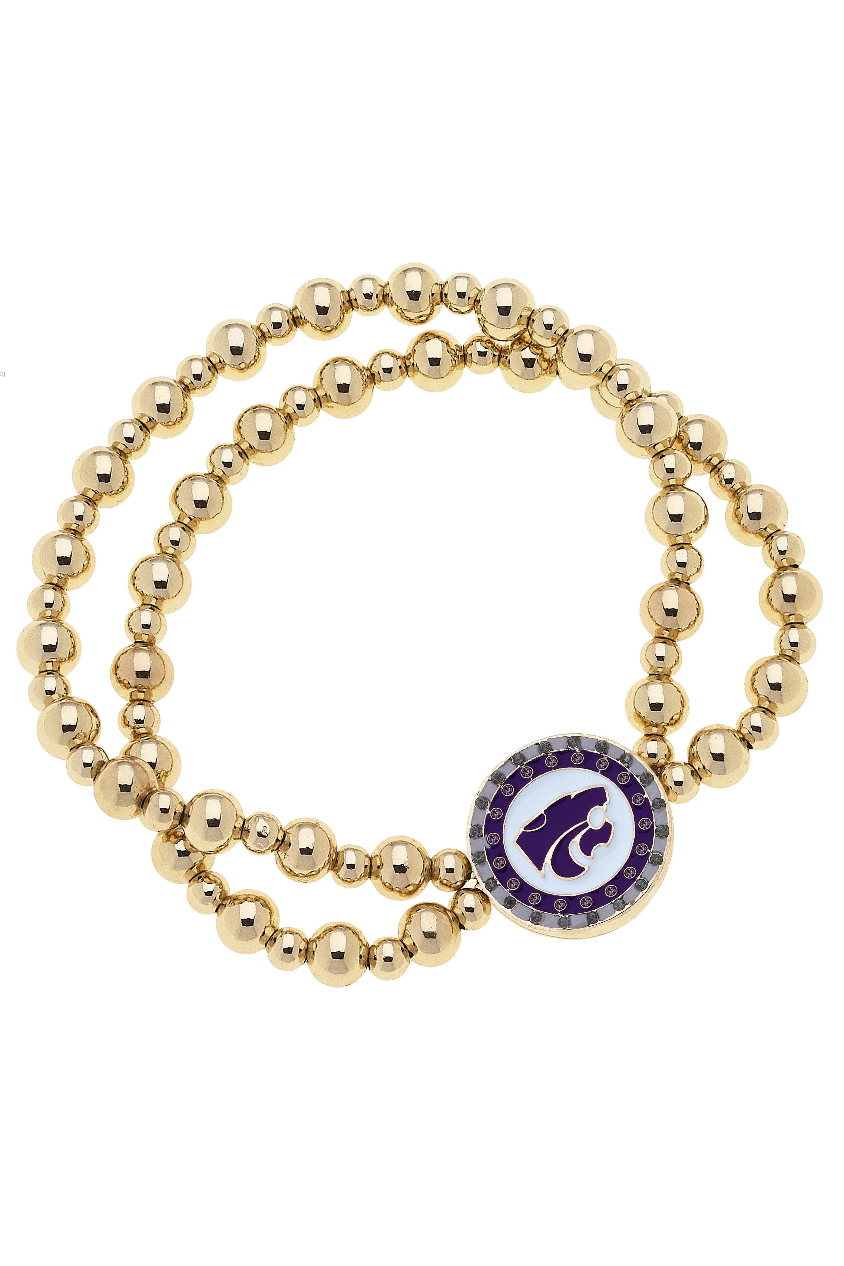 Kansas State Wildcats Pave Disc 2-Row Ball Bead Stretch Bracelet in Shiny Gold sold by Canvas Style