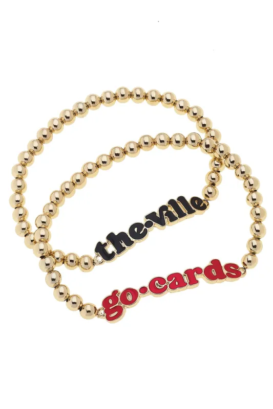 Louisville Cardinals Slogan Ball Bead Bracelet Set of 2 in Red/Black/Shiny Gold sold by Canvas Style