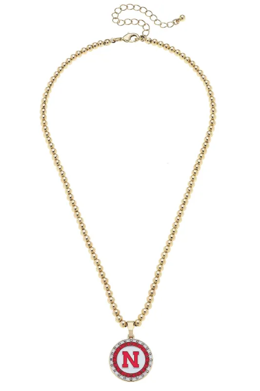 Nebraska Huskers Pave Disc Necklace in Shiny Gold sold by Canvas Style