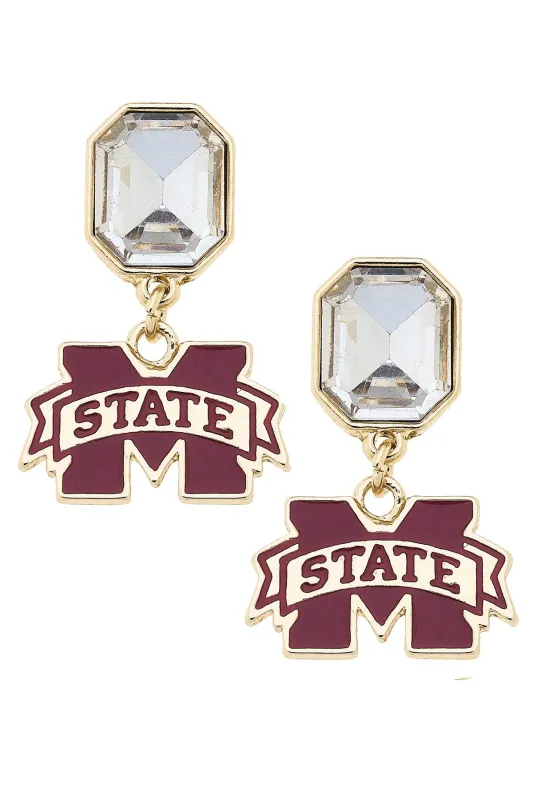 Mississippi State Bulldogs Rhinestone Enamel Logo Earrings in Shiny Gold sold by Canvas Style