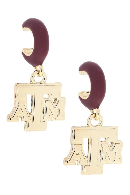Texas A&M Aggies Logo Huggie Hoop Earrings in Maroon/Shiny Gold sold by Canvas Style