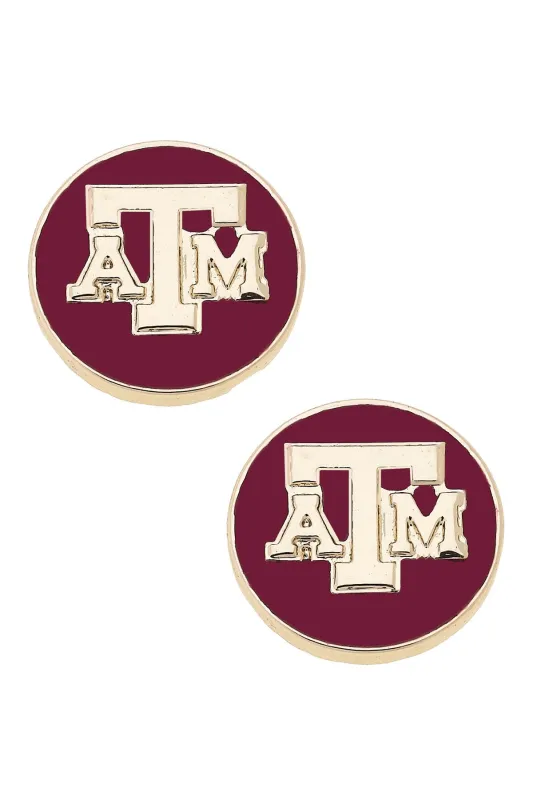 Texas A&M Aggies Logo Circle Stud Earrings in Maroon/Shiny Gold sold by Canvas Style