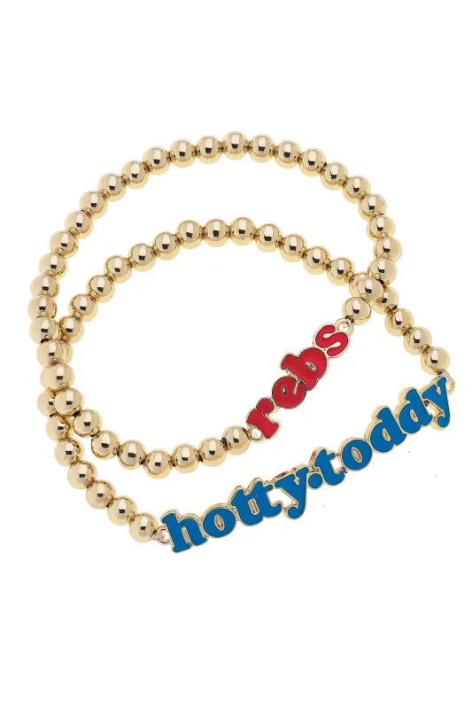Ole Miss Rebels Slogan Ball Bead Bracelet Set of 2 in Red/Blue/Shiny Gold sold by Canvas Style