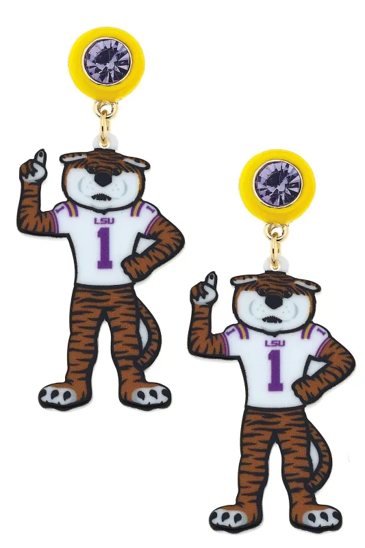 LSU Mike The Tiger Resin Mascot Earrings in Yellow/Orange/Purple sold by Canvas Style