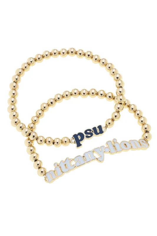Penn State Nittany Lions Slogan Ball Bead Bracelet Set of 2 in Navy/White/Shiny Gold sold by Canvas Style