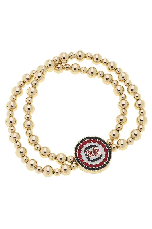 South Carolina Gamecocks Pave Disc 2-Row Ball Bead Stretch Bracelet in Shiny Gold sold by Canvas Style