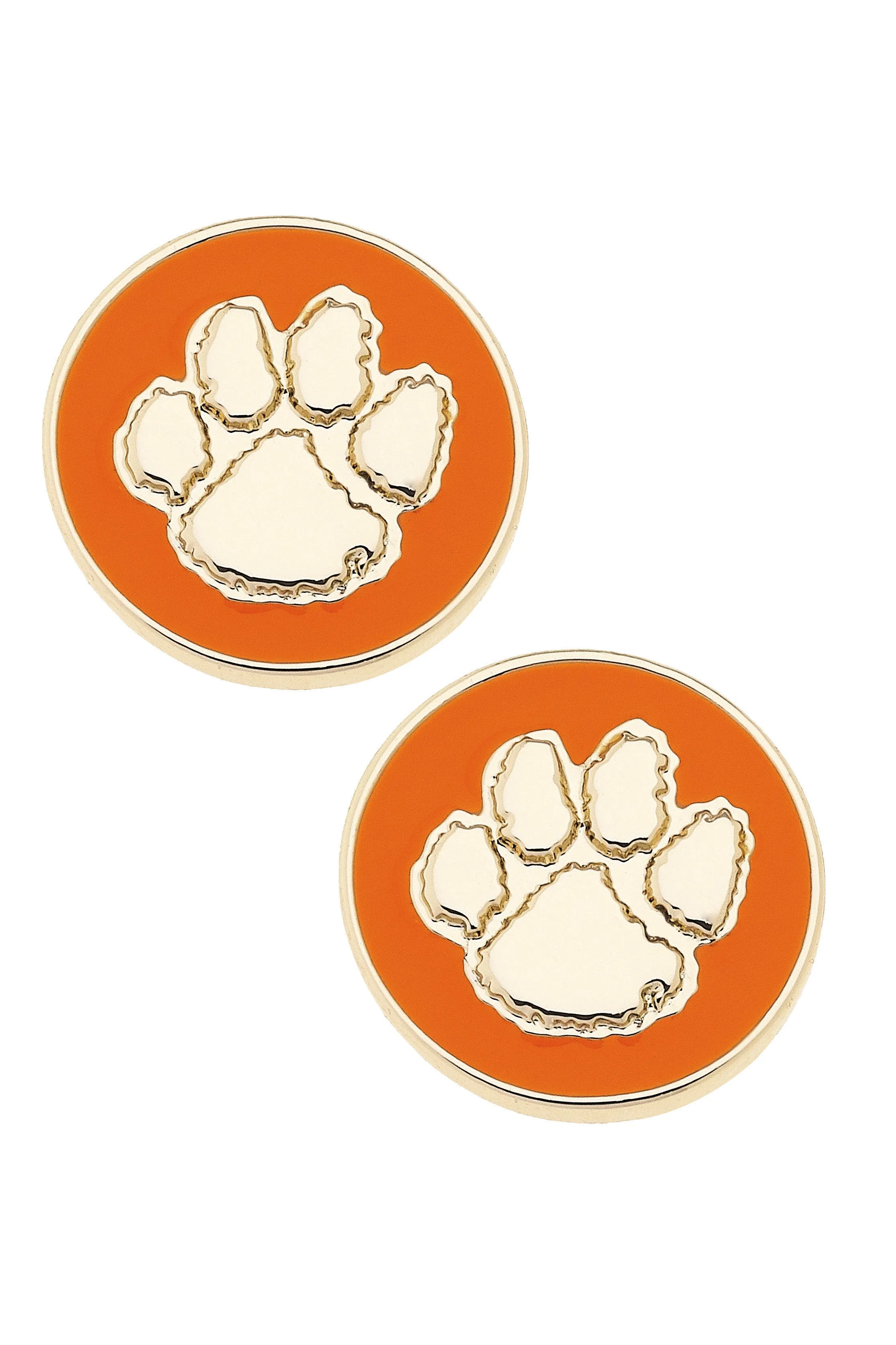 Clemson Tigers Logo Circle Stud Earrings in Orange/Shiny Gold sold by Canvas Style