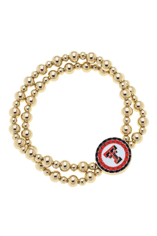 Texas Tech Red Raiders Pave Disc 2-Row Ball Bead Stretch Bracelet in Shiny Gold sold by Canvas Style