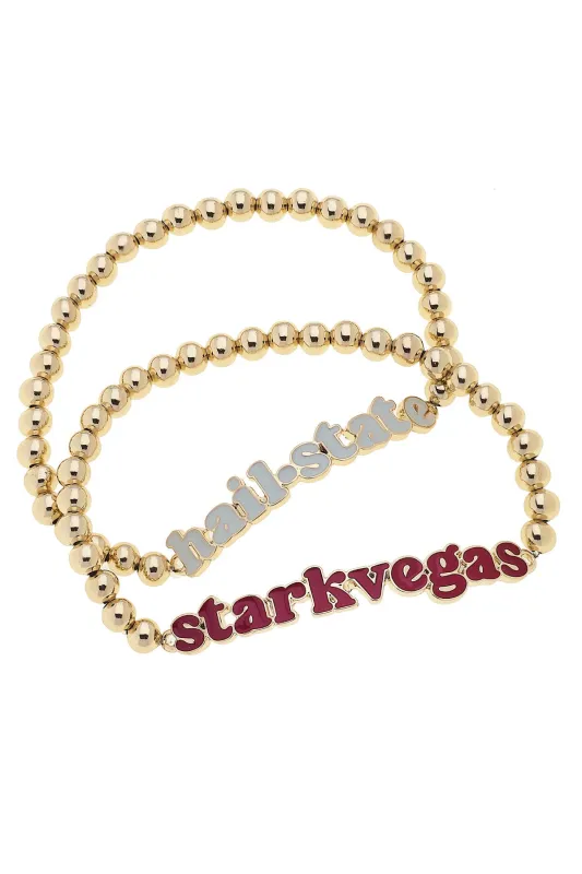 Mississippi State Bulldogs Slogan Ball Bead Bracelet Set of 2 in Maroon/White/Shiny Gold sold by Canvas Style