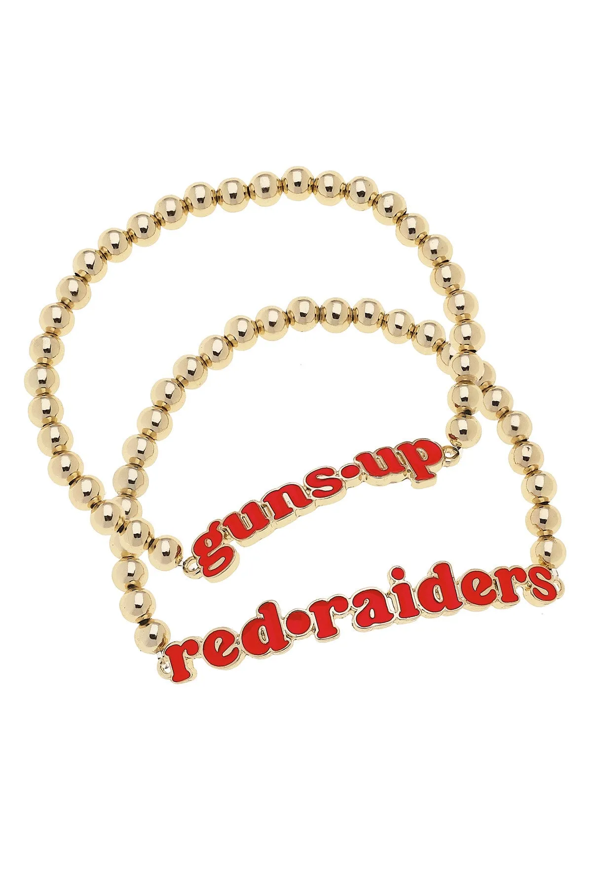 Texas Tech Red Raiders Slogan Ball Bead Bracelet Set of 2 in Red/Shiny Gold sold by Canvas Style