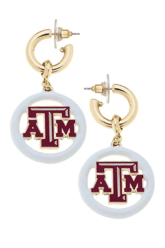 Texas A&M Aggies Logo Medallion Drop Hoop Earrings in Shiny Gold sold by Canvas Style