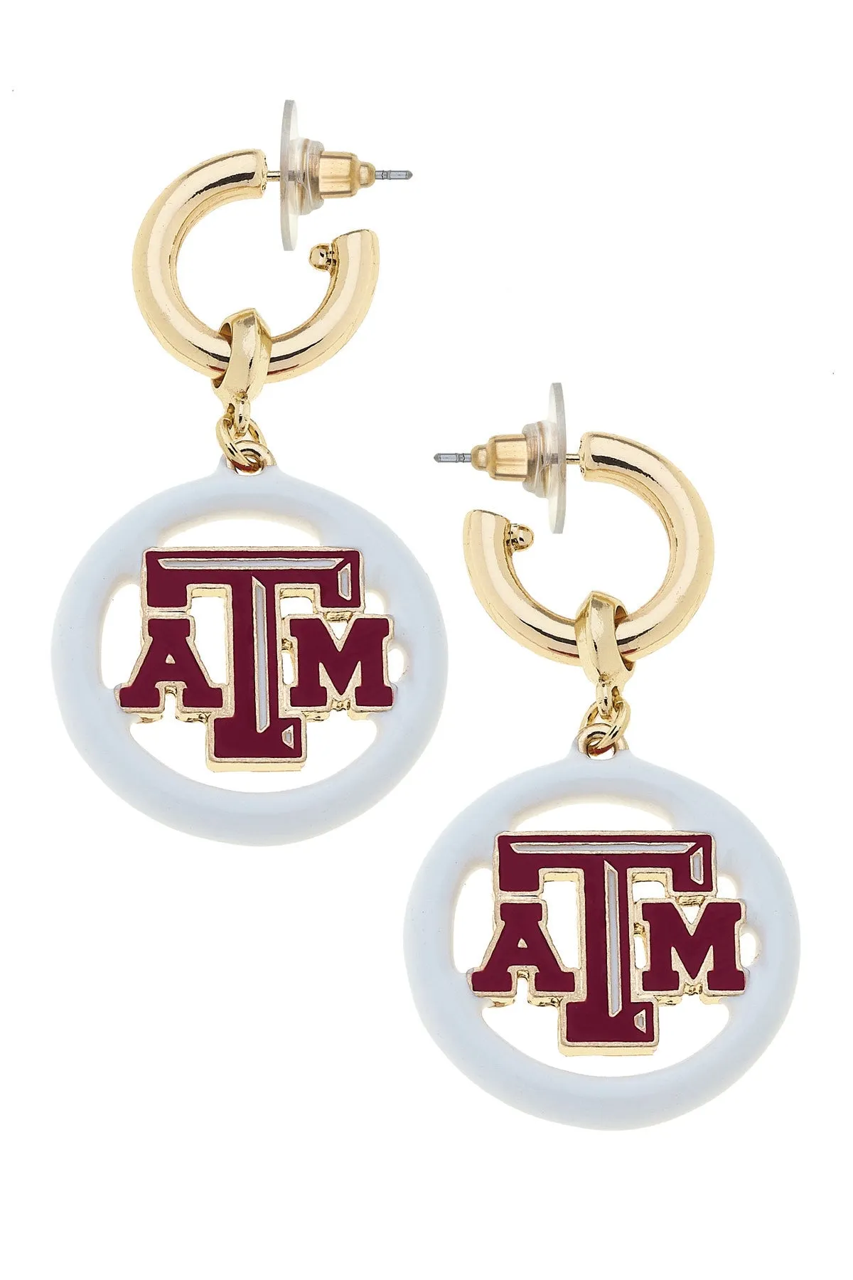 Texas A&M Aggies Logo Medallion Drop Hoop Earrings in Shiny Gold sold by Canvas Style