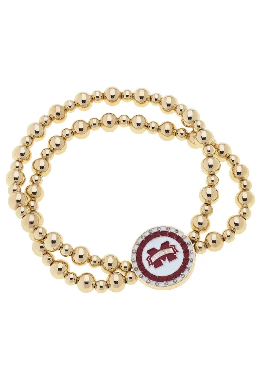 Mississippi State Bulldogs Pave Disc 2-Row Ball Bead Stretch Bracelet in Shiny Gold sold by Canvas Style