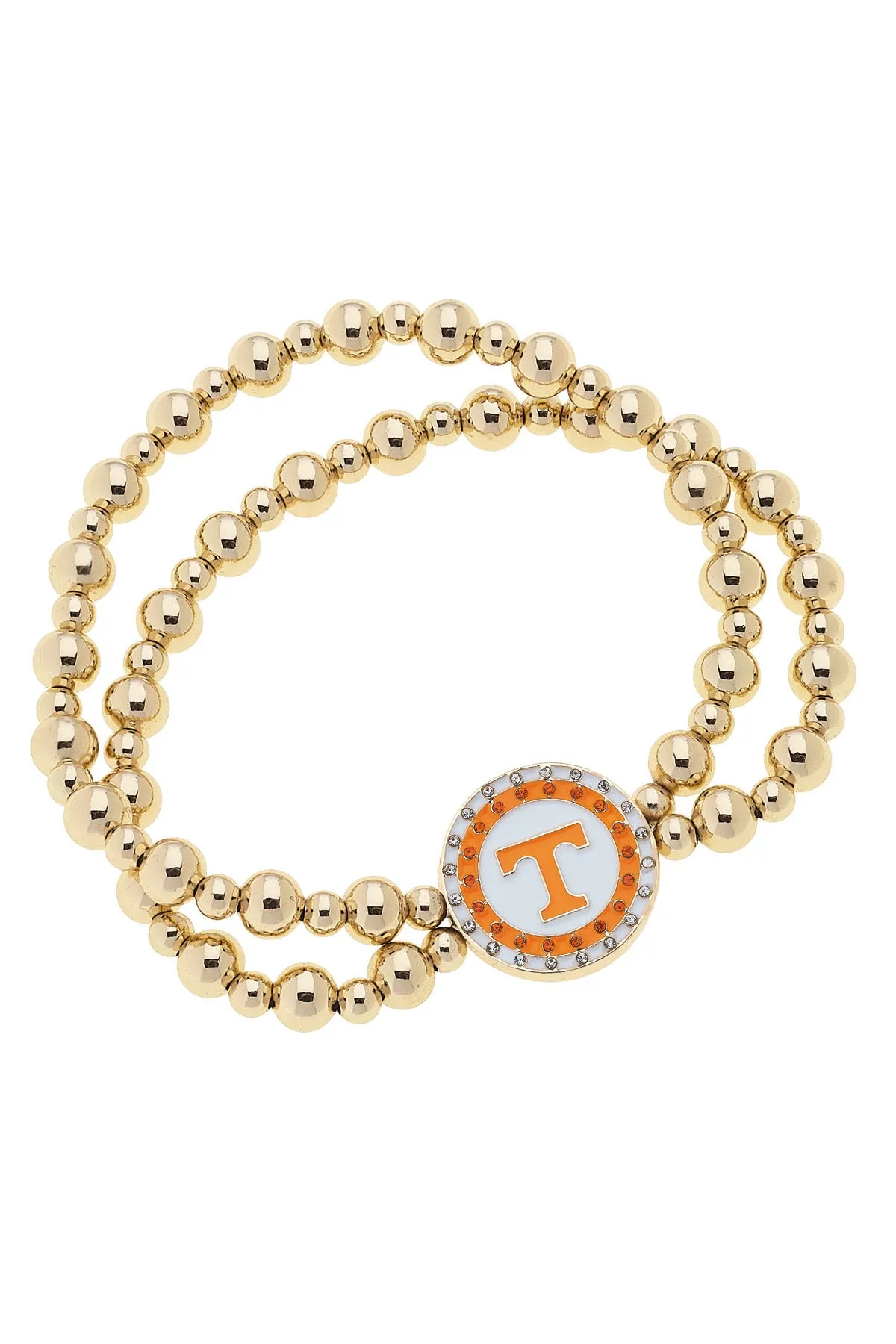 Tennessee Vols Pave Disc 2-Row Ball Bead Stretch Bracelet in Shiny Gold sold by Canvas Style