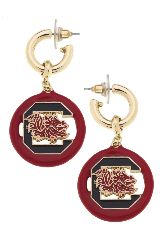 South Carolina Gamecocks Logo Medallion Drop Hoop Earrings in Shiny Gold sold by Canvas Style