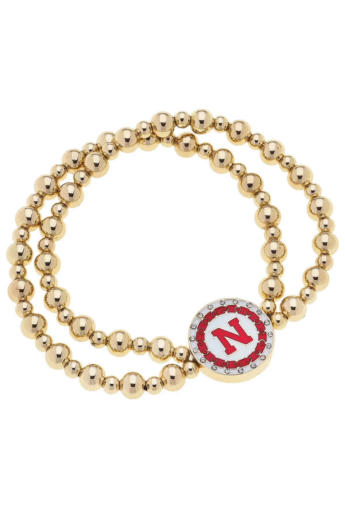 Nebraska Huskers Pave Disc 2-Row Ball Bead Stretch Bracelet in Shiny Gold sold by Canvas Style