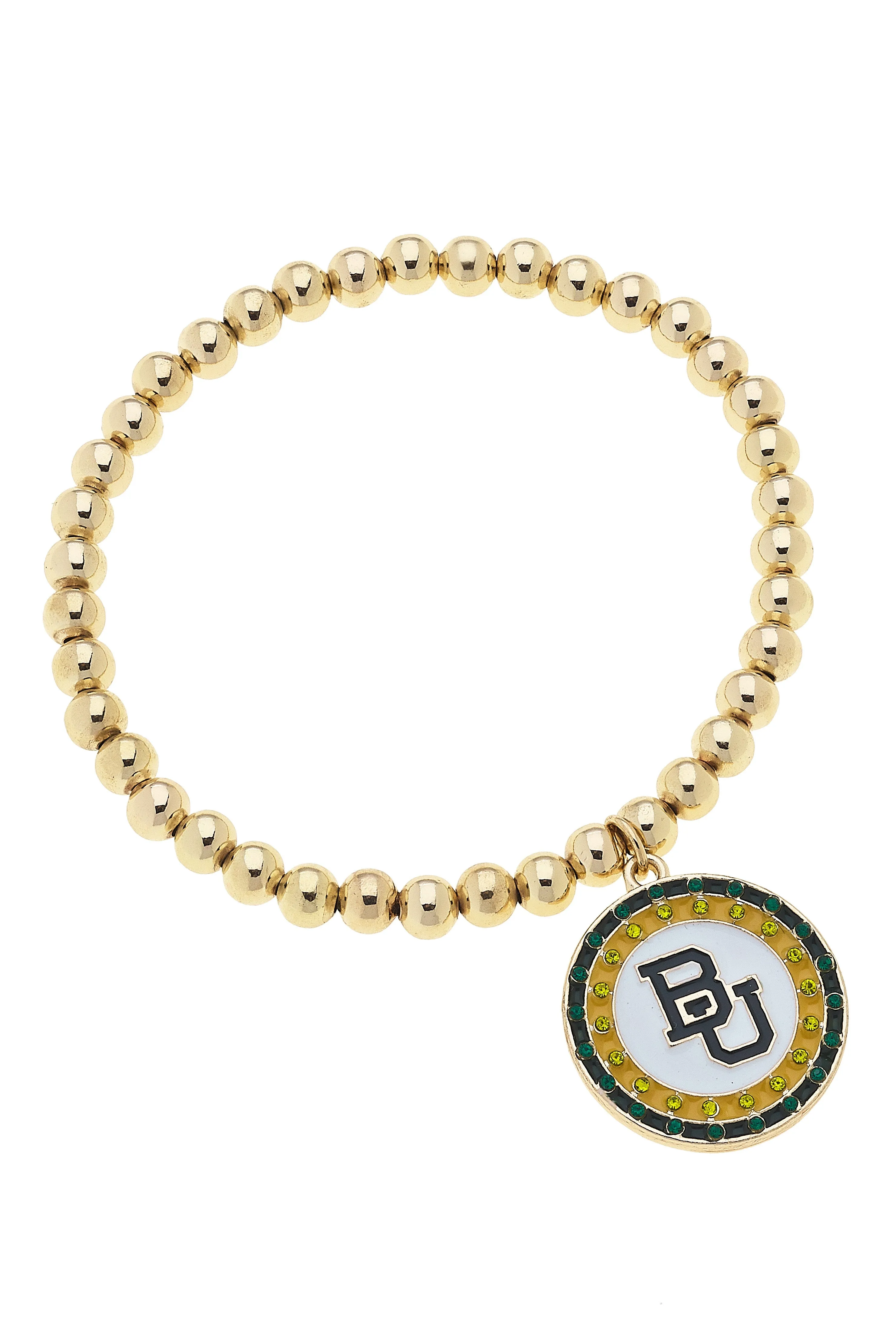 Baylor Bears Pave Disc Ball Bead Stretch Bracelet in Shiny Gold sold by Canvas Style