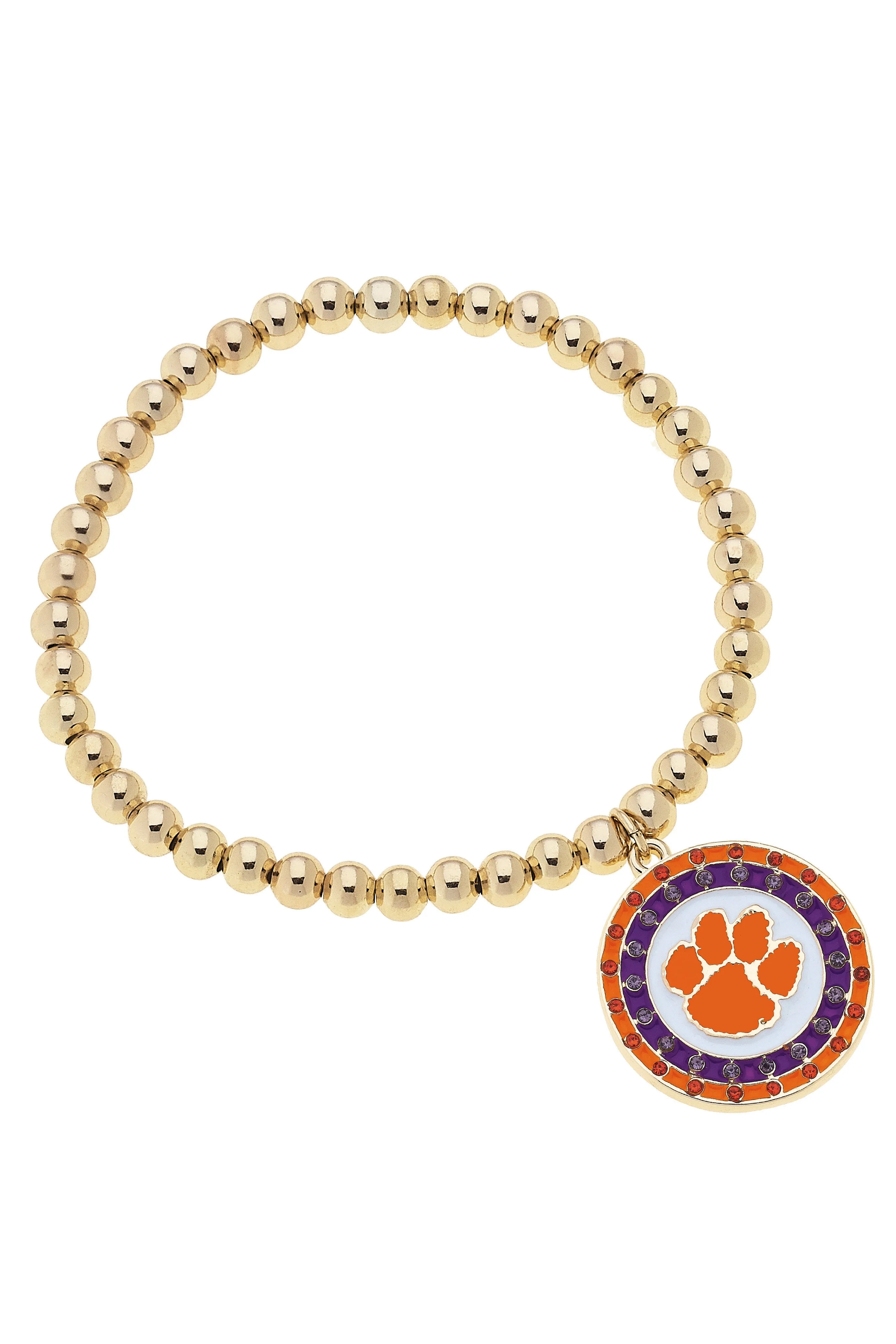 Clemson Tigers Pave Disc Ball Bead Stretch Bracelet in Shiny Gold sold by Canvas Style
