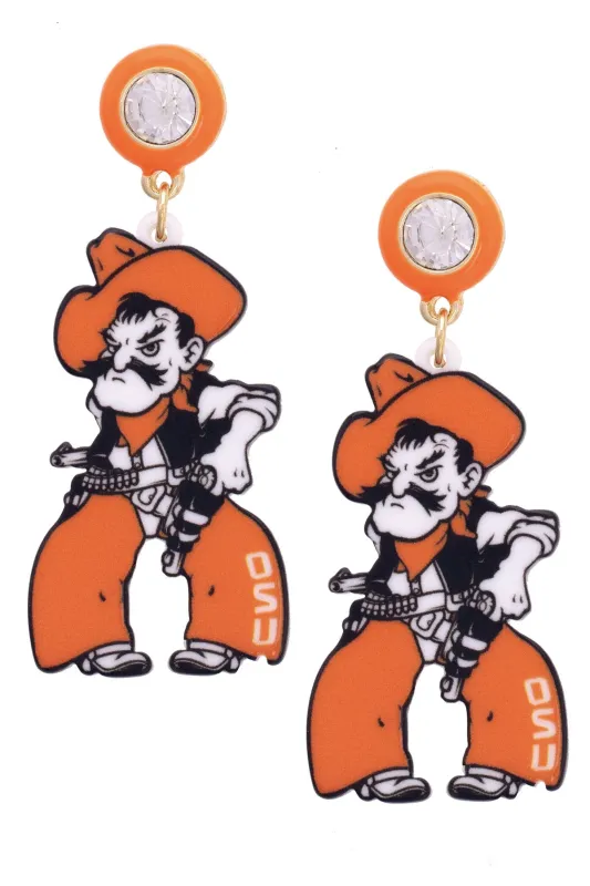 Oklahoma State Pistol Pete Resin Mascot Earrings in Orange/Black/White sold by Canvas Style