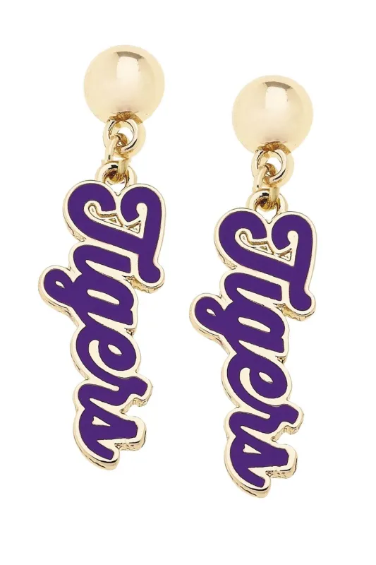 LSU Tigers Enamel Script Earring in Shiny Gold sold by Canvas Style