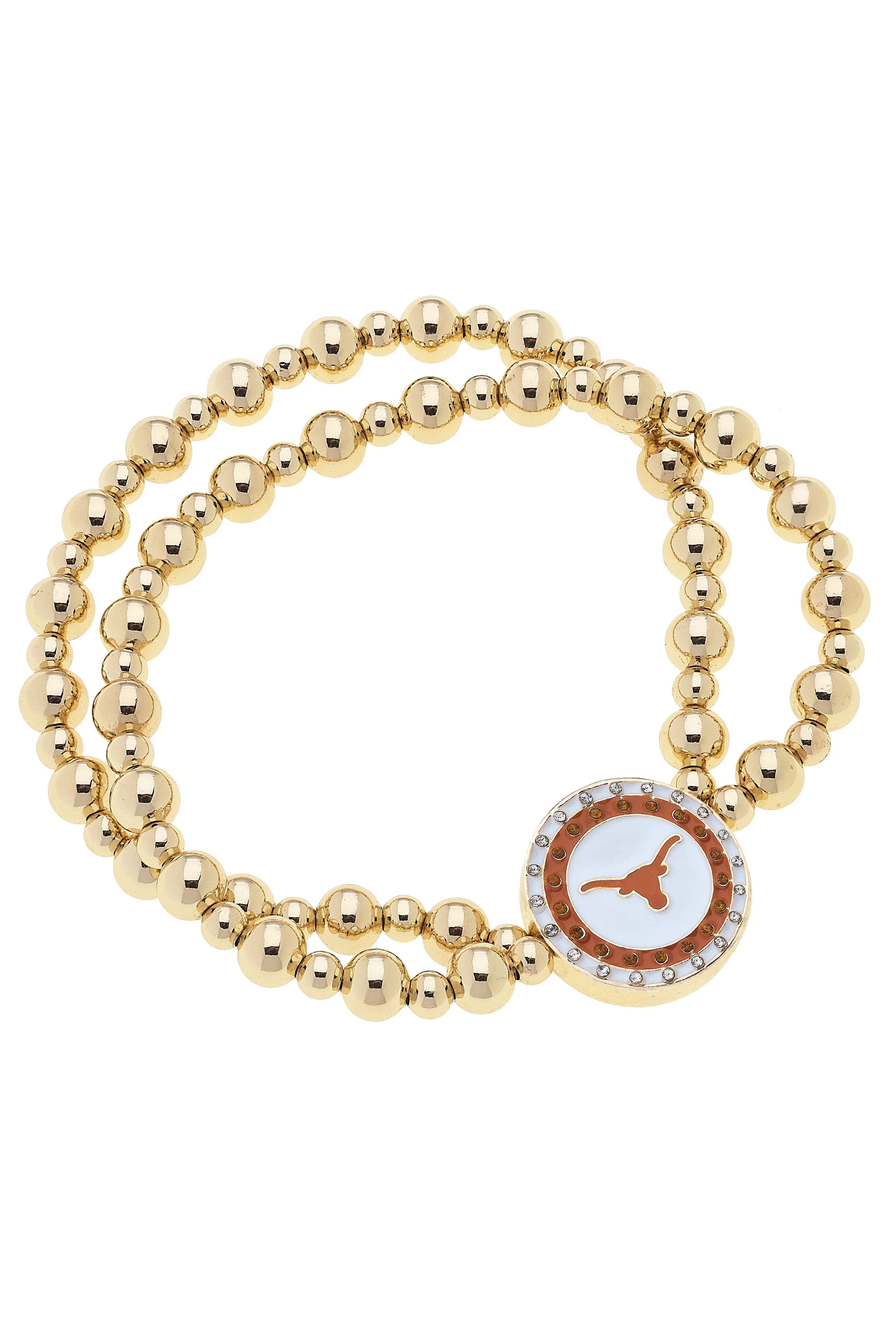 Texas Longhorns Pave Disc 2-Row Ball Bead Stretch Bracelet in Shiny Gold sold by Canvas Style
