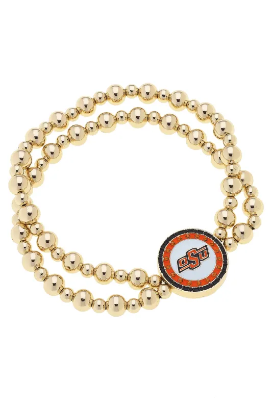 Oklahoma State Cowboys Pave Disc 2-Row Ball Bead Stretch Bracelet in Shiny Gold sold by Canvas Style