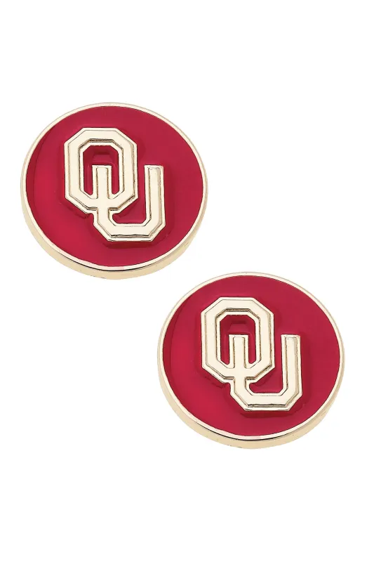 Oklahoma Sooners Logo Circle Stud Earrings in Crimson/Shiny Gold sold by Canvas Style