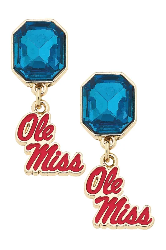 Ole Miss Rebels Rhinestone Enamel Logo Earrings in Shiny Gold sold by Canvas Style