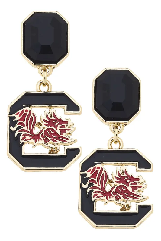 South Carolina Gamecocks Rhinestone Enamel Logo Earrings in Shiny Gold sold by Canvas Style