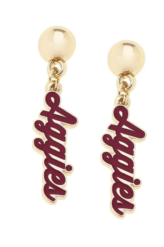 Texas A&M Aggies Enamel Script Earring in Shiny Gold sold by Canvas Style