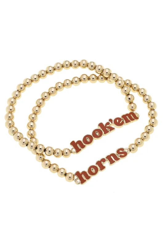 Texas Longhorns Slogan Ball Bead Bracelet Set of 2 in Burnt Orange/Shiny Gold sold by Canvas Style