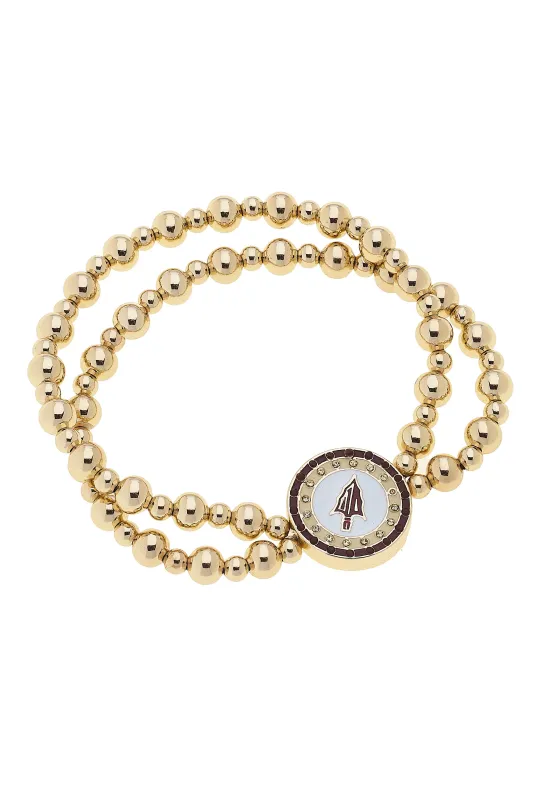 Florida State Seminoles Pave Disc 2-Row Ball Bead Stretch Bracelet in Shiny Gold sold by Canvas Style
