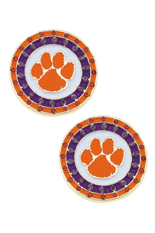 Clemson Tigers Pave Disc Stud Earrings in Purple/Orange/White sold by Canvas Style