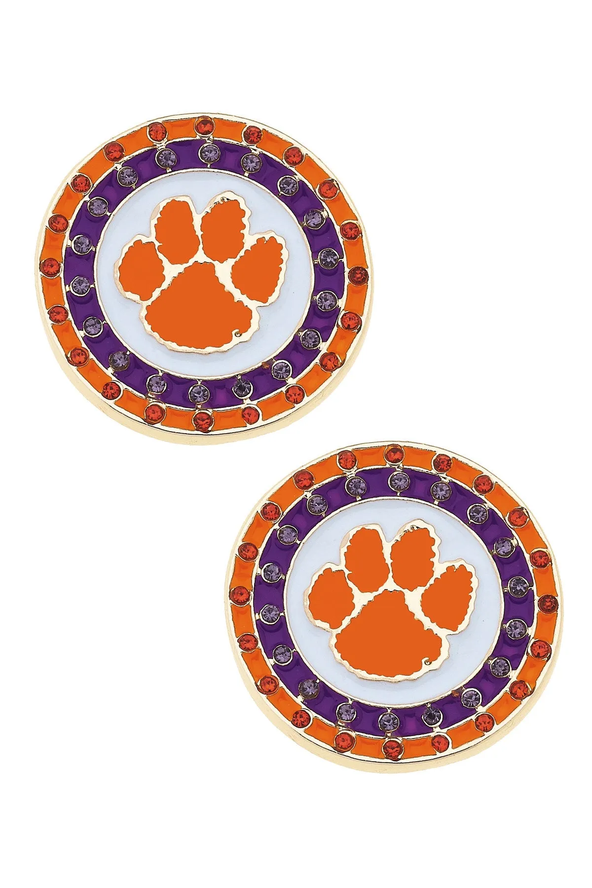 Clemson Tigers Pave Disc Stud Earrings in Purple/Orange/White sold by Canvas Style
