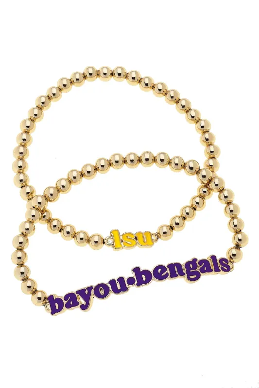 LSU Tigers Slogan Ball Bead Bracelet Set of 2 in Purple/Shiny Gold sold by Canvas Style